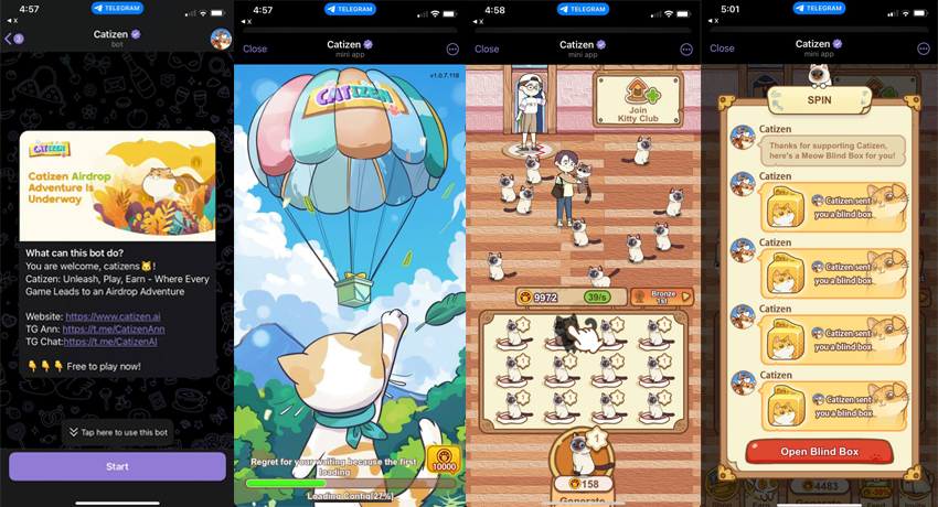 Various screens of Catizen Telegram game