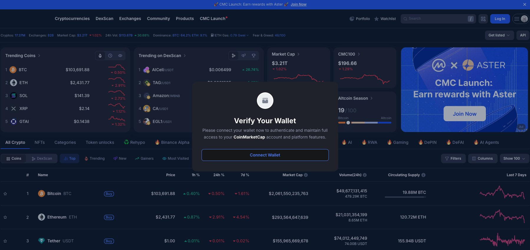 The Malicious Pop-Up Message on CoinMarketCap Homepage.